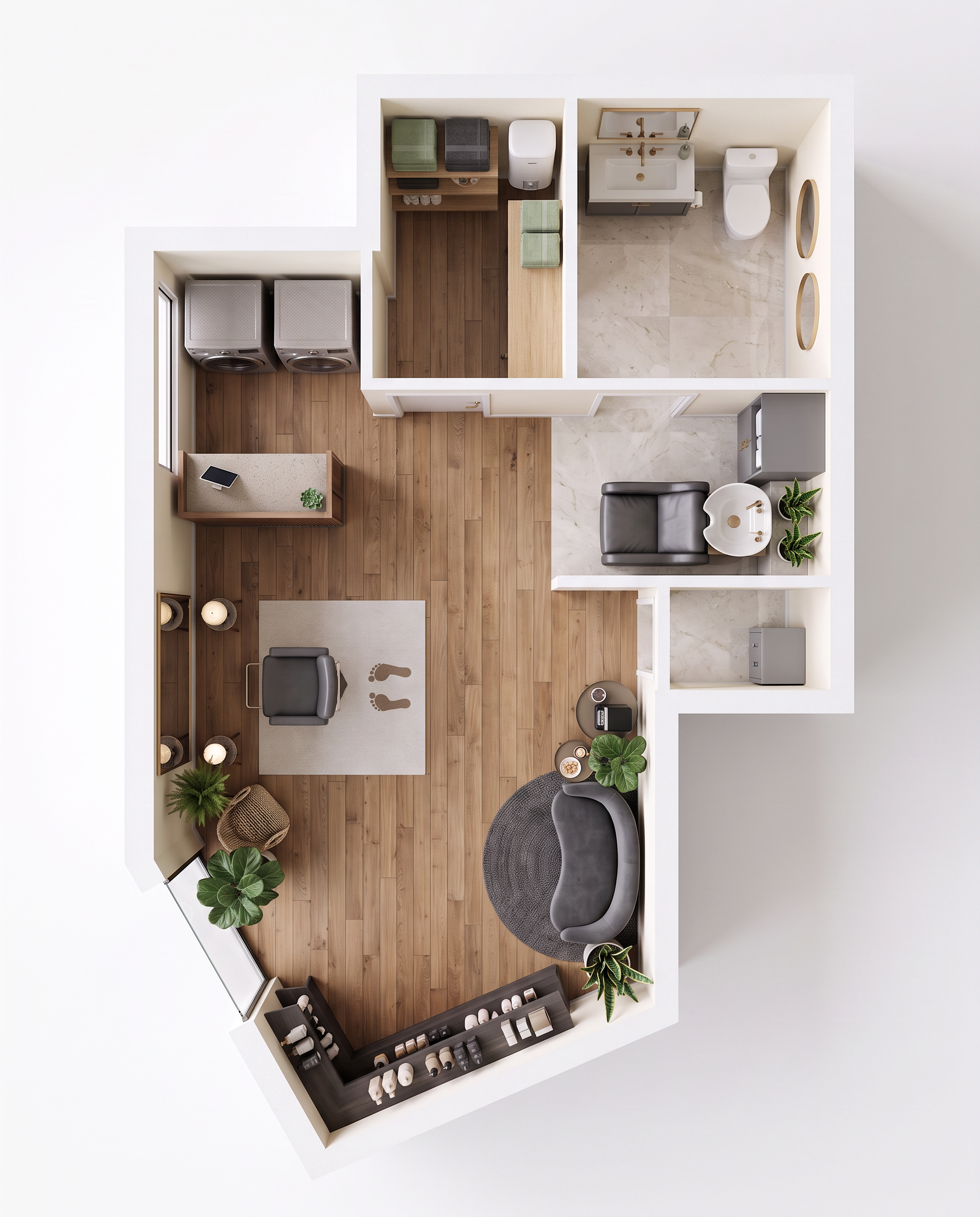Rendered overhead view of a tiny hair salon with angled walls, reception desk, styling chair, shampoo unit, waiting area, plants, and retail shelves