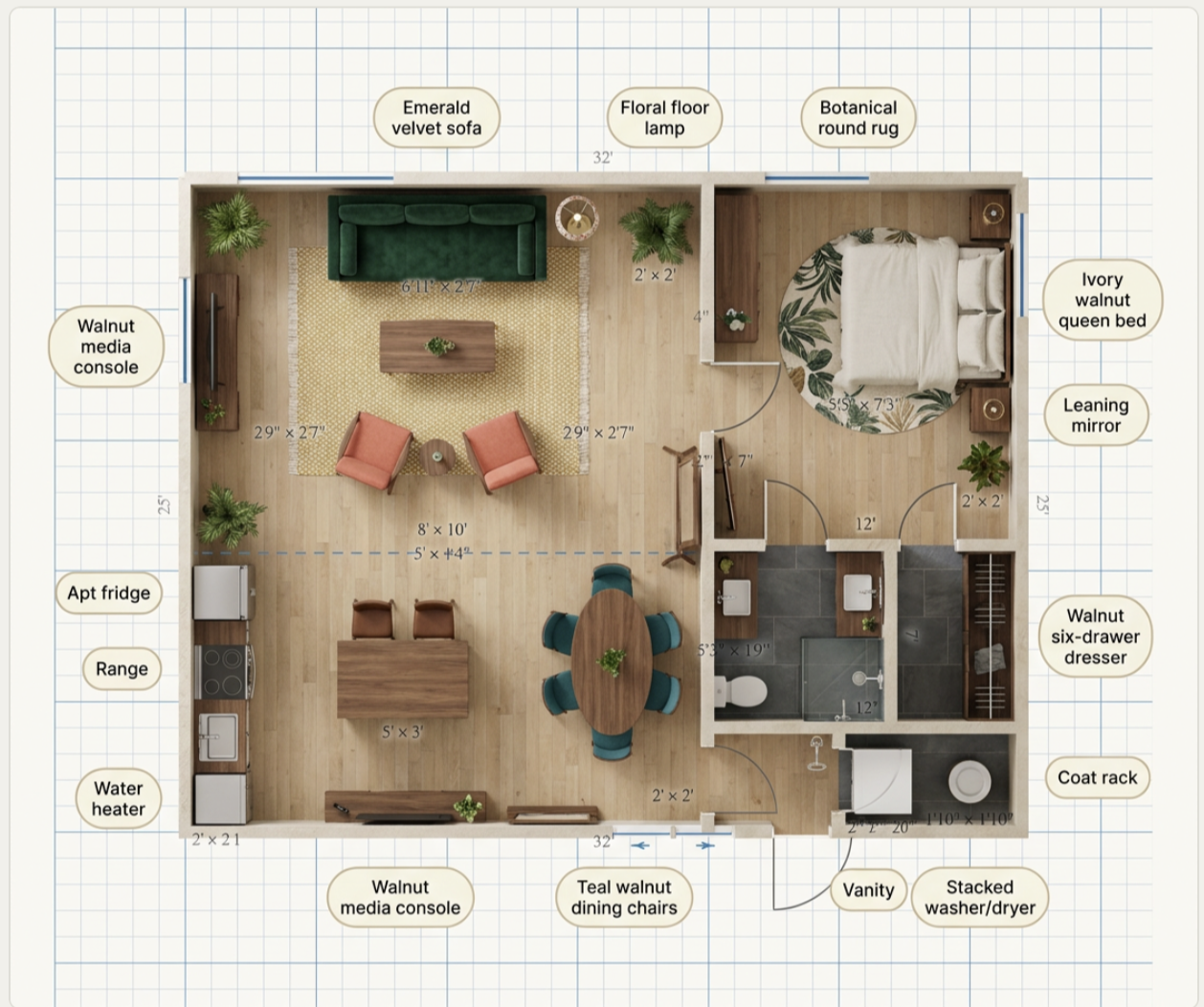 Rendered 800 sq ft one-bedroom floor plan with an emerald sofa, patterned rugs, wood floors, and furnished kitchen, bedroom, bath, and laundry