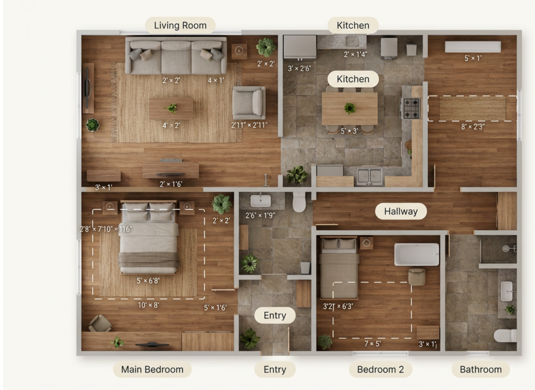 Colorful top-down plan of a two-bedroom apartment with wood and tile floors, labeled rooms, and furniture arranged by feng shui principles